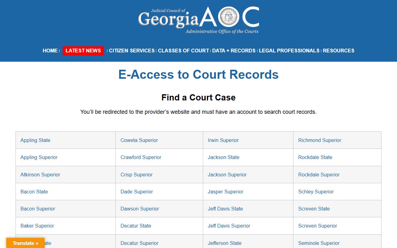 Georgia Courts e-access listing for Wheeler County court records after arrest