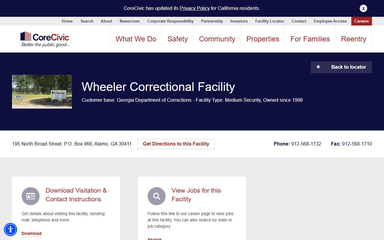 CoreCivic Wheeler Correctional Facility profile for state prison inmate records and visitation