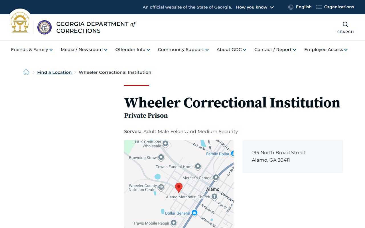 Wheeler Correctional Institution GDC inmate lookup and facility record page