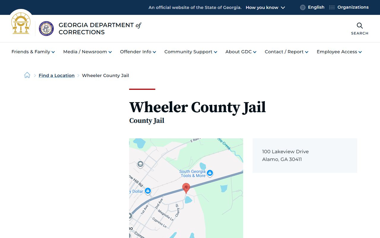 Wheeler County Jail GDC location record for inmate population lookup